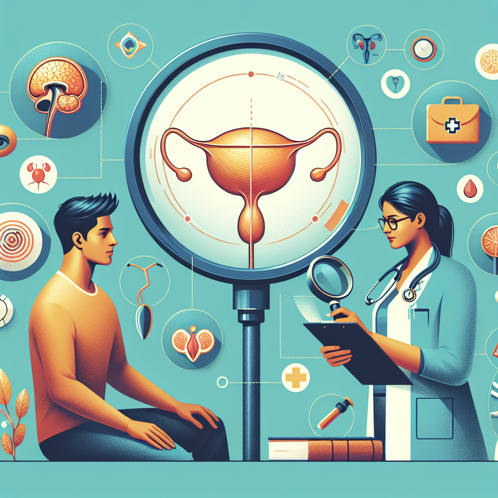 Diagramma dettagliato della ghiandola prostatica con aree di infiammazione e annotazioni sui sintomi e trattamenti della prostatite.