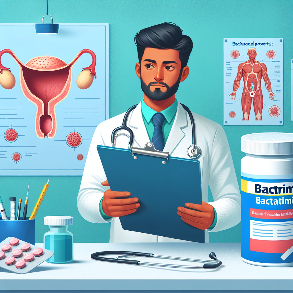 Trattamento della prostatite con Bactrim, rappresentato da una confezione del farmaco e un'infografica che mostra i suoi effetti.