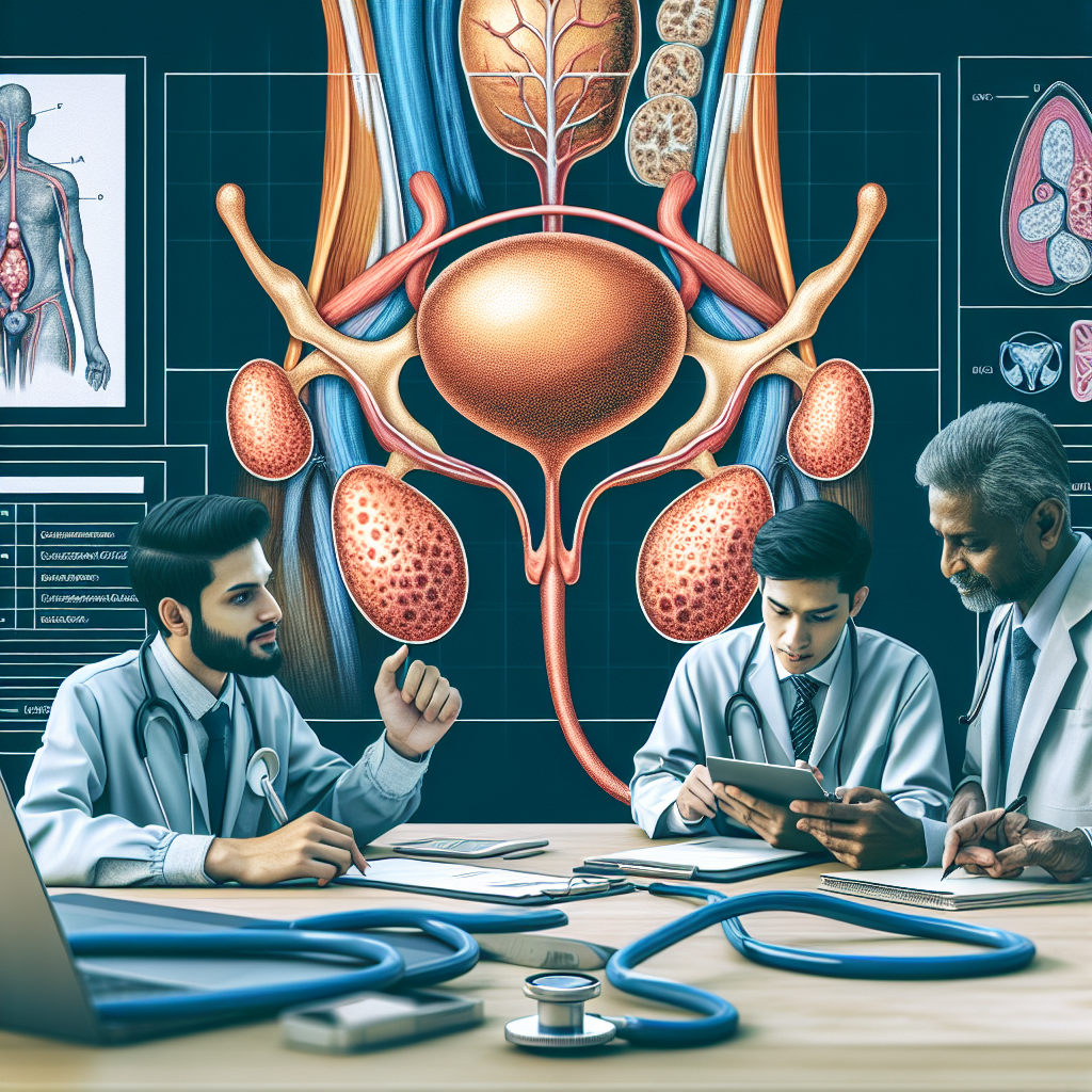 Illustrazione medica della ghiandola prostatica con annotazioni sui sintomi della prostatite, diagnosi e opzioni di trattamento