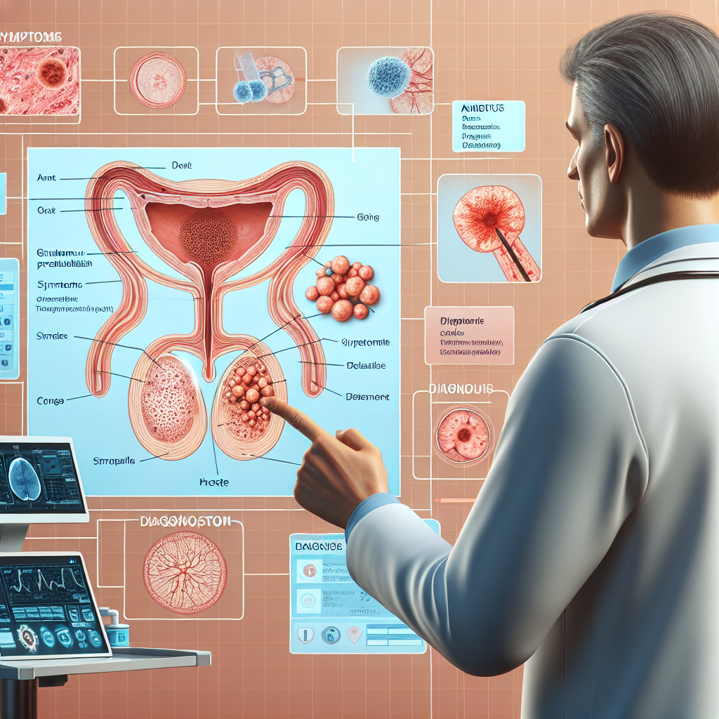 Diagramma della ghiandola prostatica con dettagli su infiammazione e trattamento della prostatite granulomatosa.