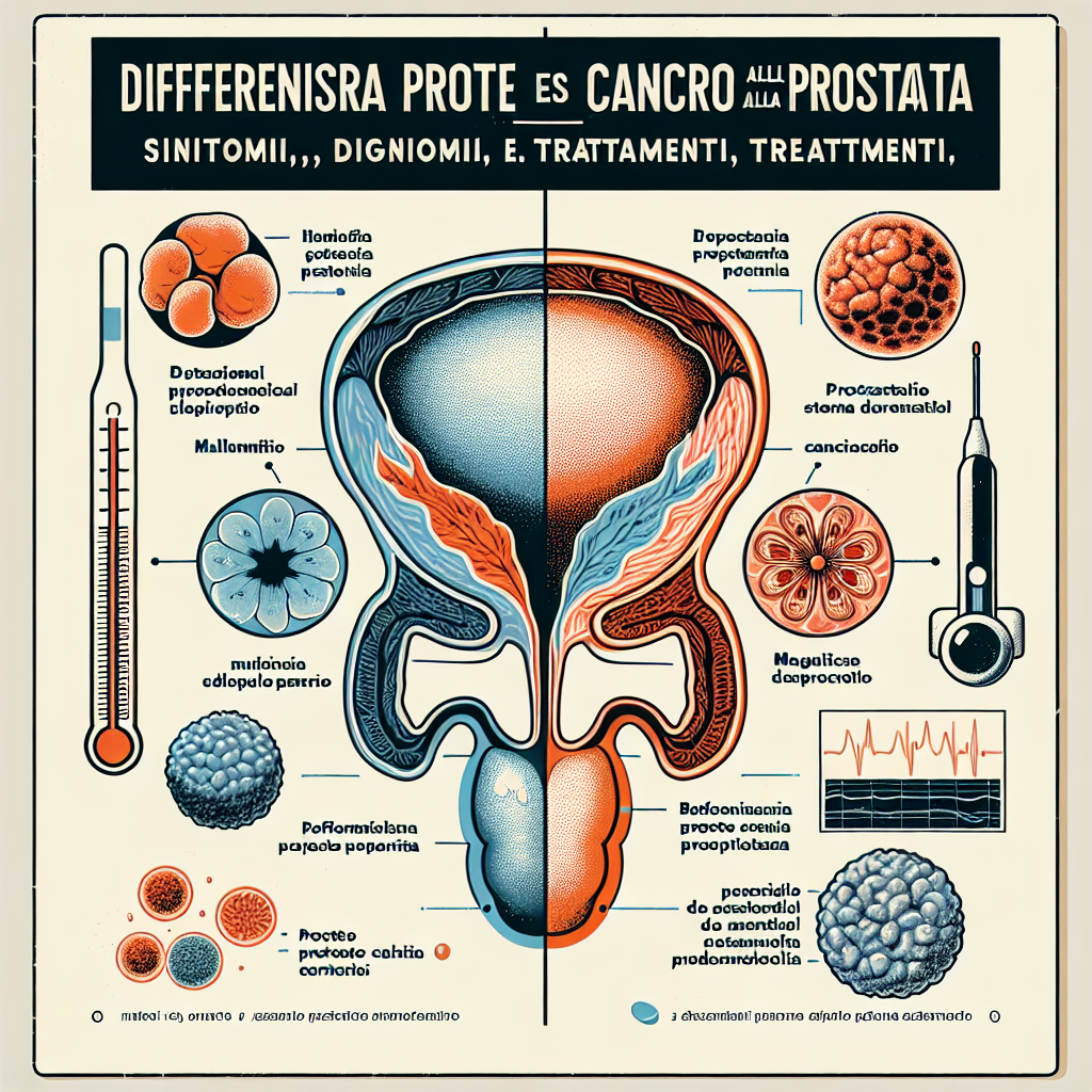 Un confronto visivo tra i sintomi, la diagnosi e i trattamenti per la prostatite e il cancro alla prostata.