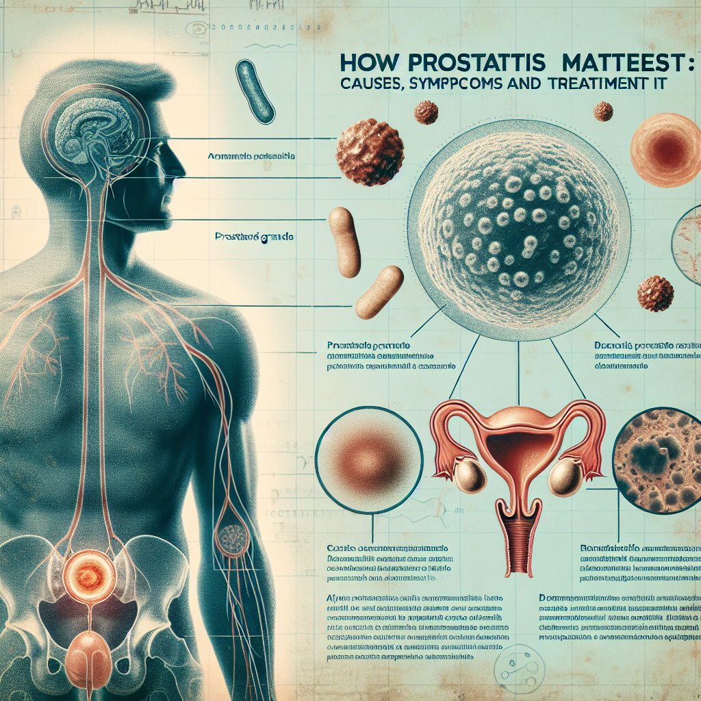 Illustrazione medica dell'infiammazione della prostata, evidenziando i sintomi e le aree colpite