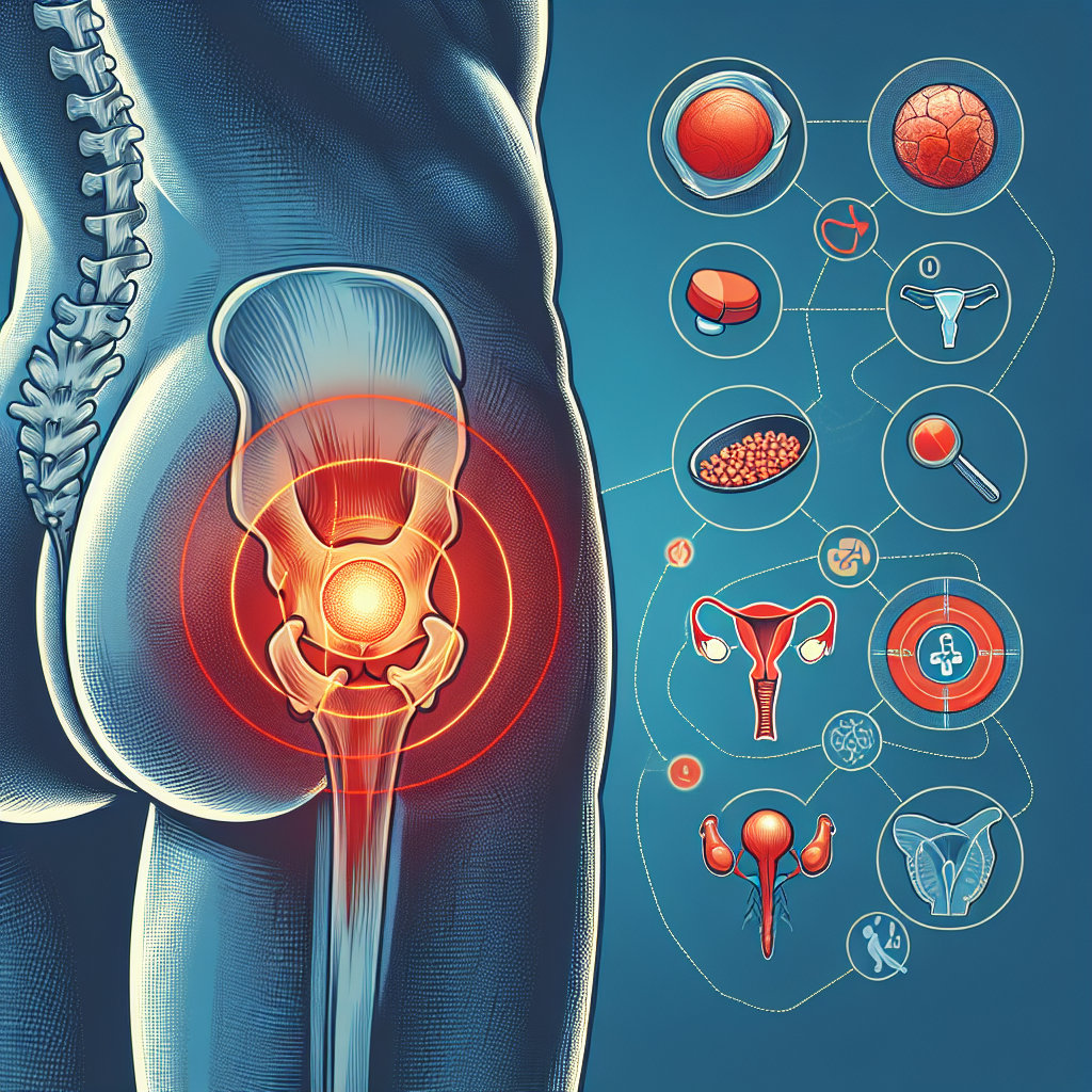 Rappresentazione grafica del dolore all'anca associato alla prostatite, con un focus sulla prostata e la zona pelvica.