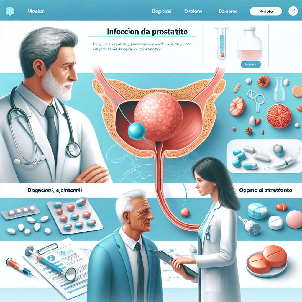 Immagine illustrativa di un medico che esamina un paziente per la prostatite, rappresentando i vari aspetti della condizione come la diagnosi, i sintomi e le opzioni di trattamento.