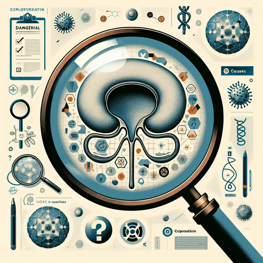 Diagramma della prostata con dettagli sulle infezioni e infiammazioni, esplorando le cause e i fattori di rischio della prostatite.