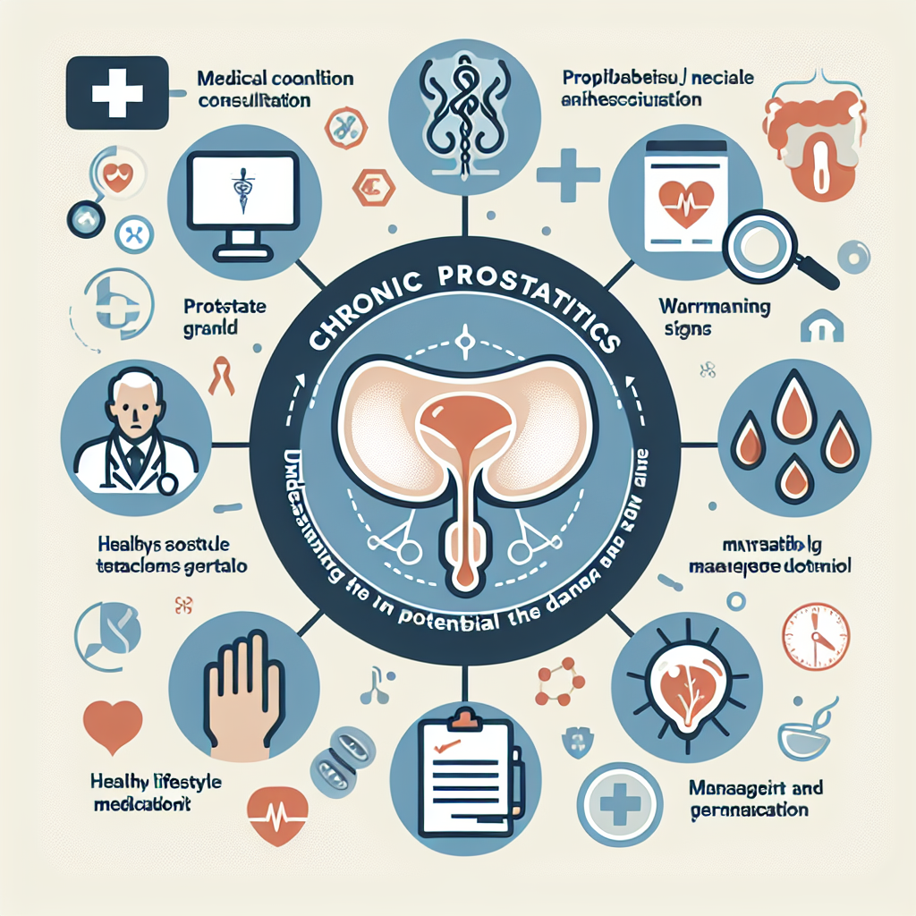 Rappresentazione visiva della prostatite cronica, inclusi sintomi, trattamenti, e complicazioni.