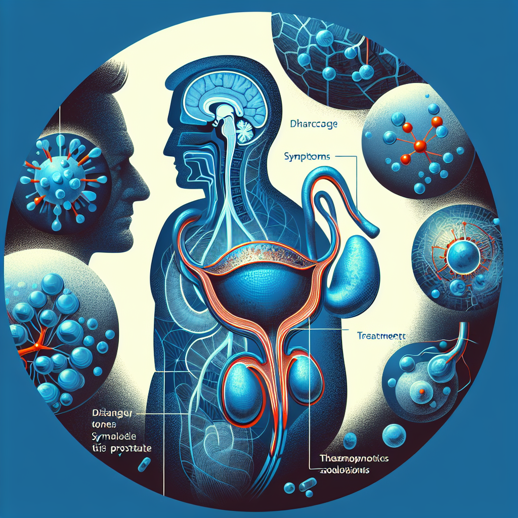 Immagine che descrive i sintomi, le cause e le opzioni di trattamento per la prostatite, con particolare attenzione alla secrezione prostatica.